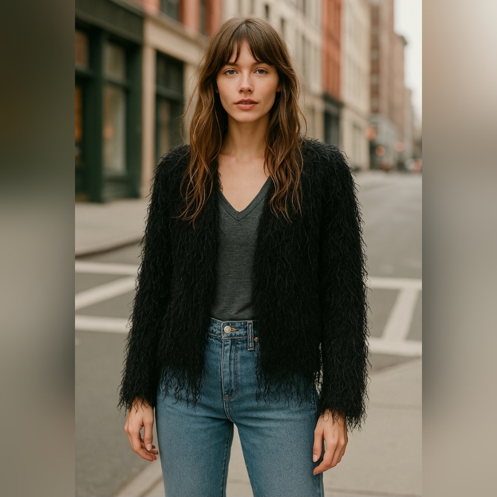 HYFVE Black Eyelash Knit Cardigan Women’s Medium — Soft Fuzzy Statement Layer